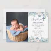 Blauw-witte Waterverf Floral Boy Foto Doop Kaart (Voorkant)