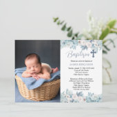 Blauw-witte Waterverf Floral Boy Foto Doop Kaart (Staand voorkant)