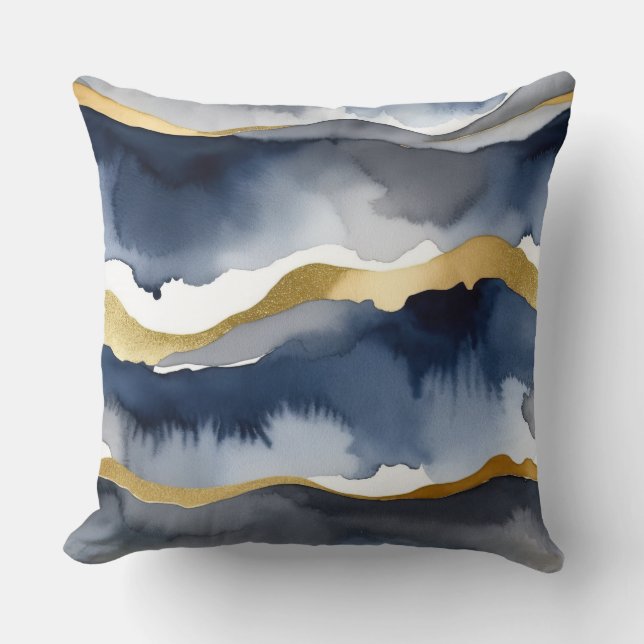 Blauw-witte waterverf met goudaccent kussen (Voorkant)