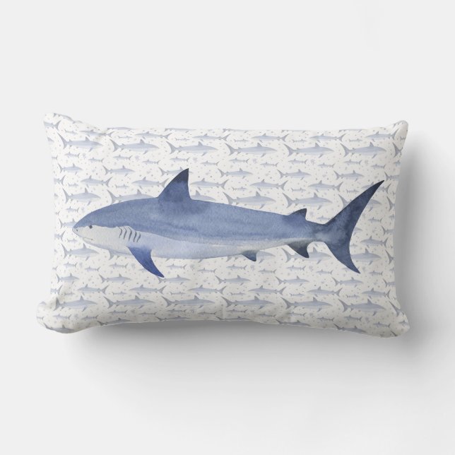 Blauw & Witte Waterverf Nautische #Shark Patroon Kussen (Voorkant)