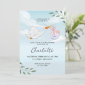 Blauw-witte Waterverf Ooievaar Baby shower Kaart (Staand voorkant)