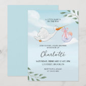 Blauw-witte Waterverf Ooievaar Baby shower Kaart (Voorkant / Achterkant)