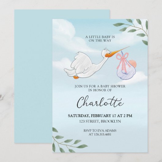 Blauw-witte Waterverf Ooievaar Baby shower Kaart (Voorkant / Achterkant)