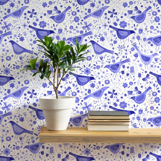 Blauw-witte Waterverf Vogels en bloemen Behang (Blue and white watercolor bird and wildflower art wallpaper)