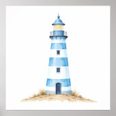 Blauw-witte Waterverf vuurtoren Poster (Voorkant)