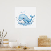 Blauw-witte Waterverf Walvis – Ocean Nursery Wall Poster (Keuken)