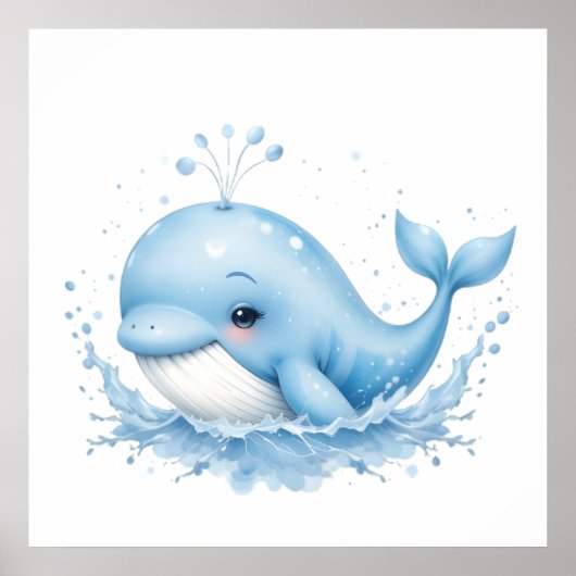 Blauw-witte Waterverf Walvis – Ocean Nursery Wall Poster (Voorkant)
