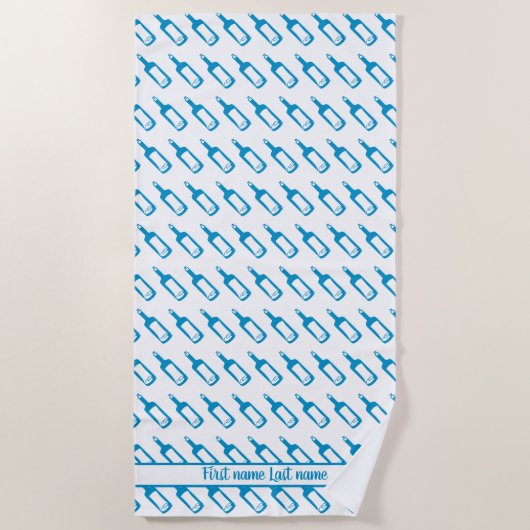 Blauw-witte wijnflespatroon met jouw naam strandlaken (Voorkant)