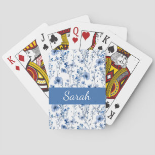 Blauw Witte Wilde Bloem Bloemige Initiaal Naam Pokerkaarten