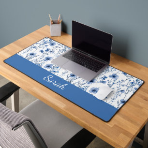 Blauw Witte Wilde Bloem Florale Monogram Naam Bureaumat