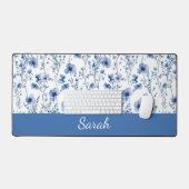 Blauw Witte Wilde Bloem Florale Monogram Naam Bureaumat (Keyboard & Muis)