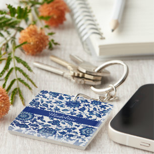 Blauw Witte Wilde Bloem Franse Landelijke Chinoise Sleutelhanger