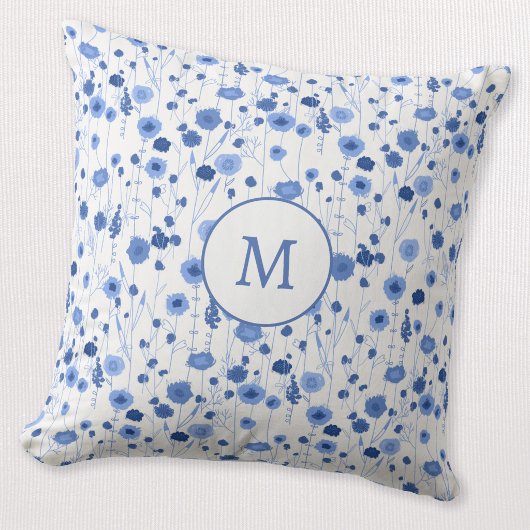Blauw Witte Wilde Bloem Monogram Initiaal Bloemmot Kussen