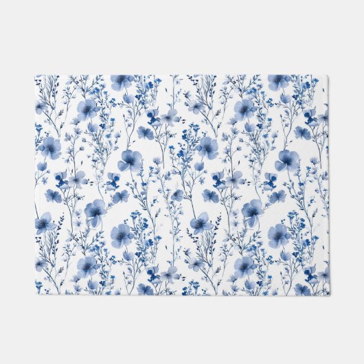 Blauw Witte Wilde Bloem Waterverf Bloemstuk Deurmat (Voorkant)