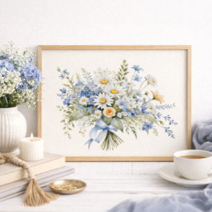 Blauw Witte Wilde Bloemen Daisy Boeket Huisdecorat Poster