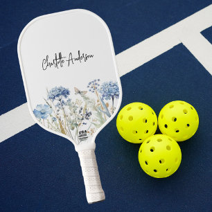 Blauw witte wilde bloemen naam script pickleball paddle
