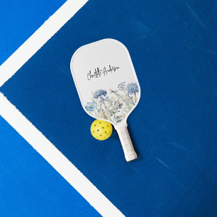 Blauw witte wilde bloemen naam script pickleball paddle