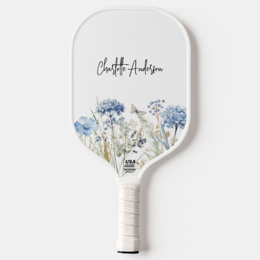 Blauw witte wilde bloemen naam script pickleball paddle (Achterkant)