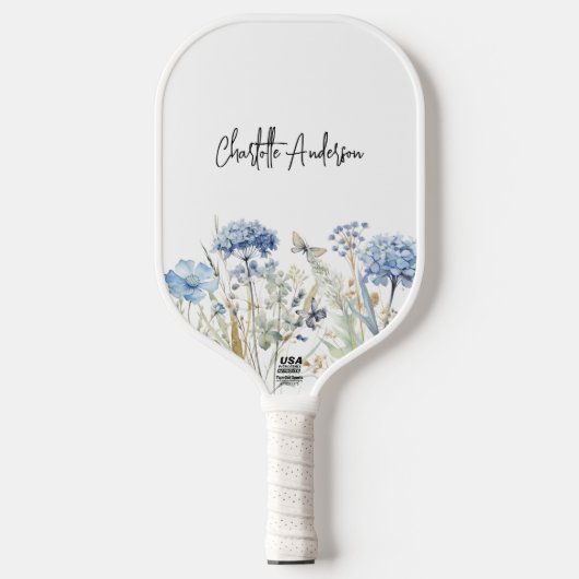 Blauw witte wilde bloemen naam script pickleball paddle (Voorkant)