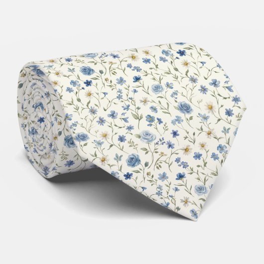 Blauw Witte Wilde Bloemen Rozen Trouw Bruidegom Stropdas (Opgerold)