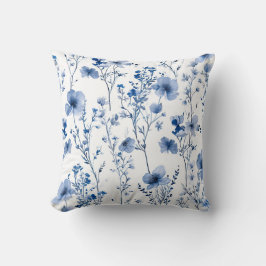 Blauw Witte Wilde Bloemen Waterverf Bloemmotief Kussen