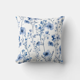 Blauw Witte Wilde Bloemen Waterverf Bloemmotief Kussen