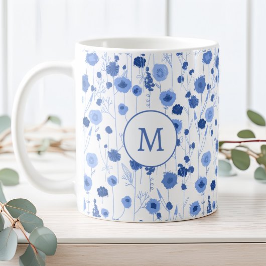 Blauw Witte Wilde Bloemenweide Botanisch Monogram Koffiemok