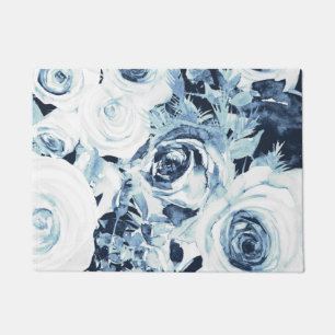 Blauw Witte Winter Bloemenrozen Vintage Shabby Chi Deurmat