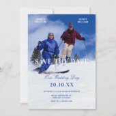 Blauw witte winter ski huwelijksfoto  save the date (Voorkant)