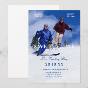 Blauw witte winter ski huwelijksfoto save the date