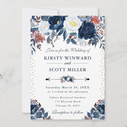 Blauw-witte winterbloemen bruiloft kaart (Voorkant)