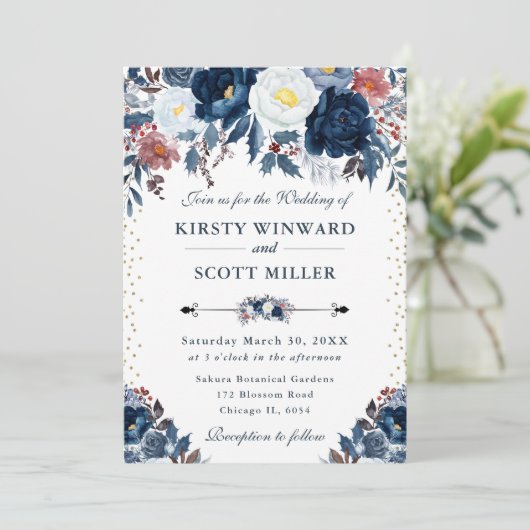 Blauw-witte winterbloemen bruiloft kaart (Staand voorkant)