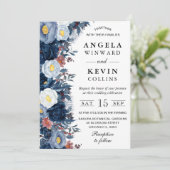 Blauw-witte winterbloemen bruiloft kaart (Staand voorkant)