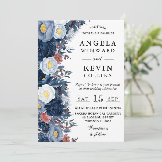 Blauw-witte winterbloemen bruiloft kaart (Staand voorkant)