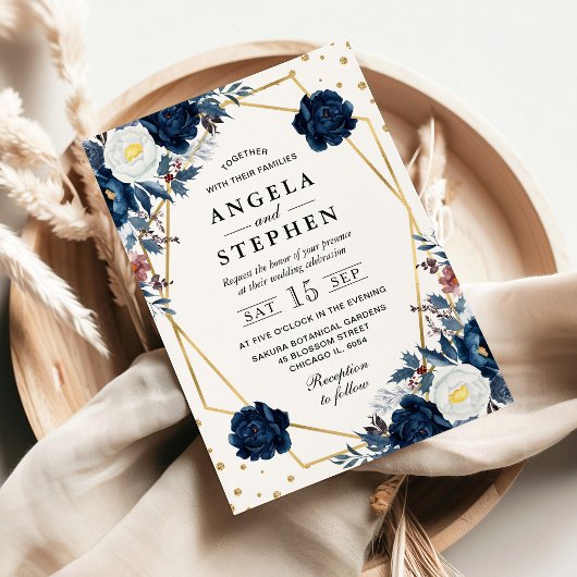 Blauw-witte winterbloemen Gouden Lijst bruiloft Kaart