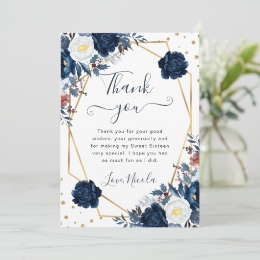 Blauw-witte winterbloemen Lijst Sweet 16 Bedankkaart (Staand voorkant)