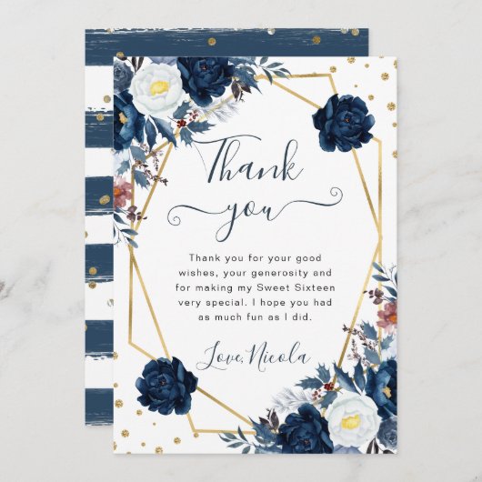 Blauw-witte winterbloemen Lijst Sweet 16 Bedankkaart (Voorkant / Achterkant)