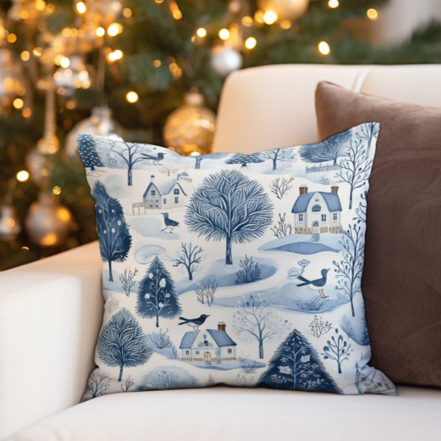 Blauw Witte Winterdorp Vintage  Kussen (Decorator pillow with an old vintage winter village covered in snow)