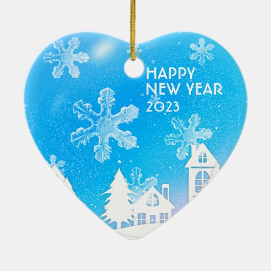 Blauw-witte winterfeestdag 2023 keramisch ornament (Achterkant)