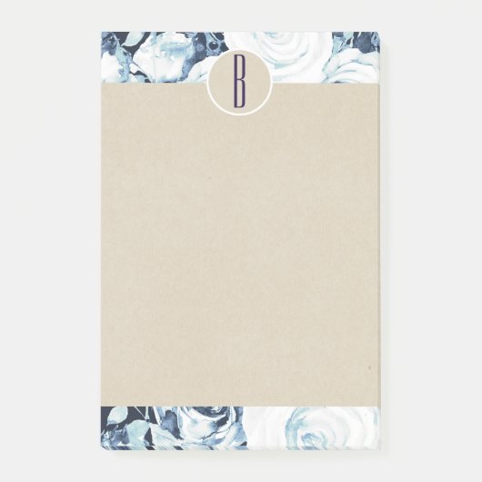 Blauw Witte Winterrozen Kraft Landelijk Monogram Post-it® Notes (Voorkant)