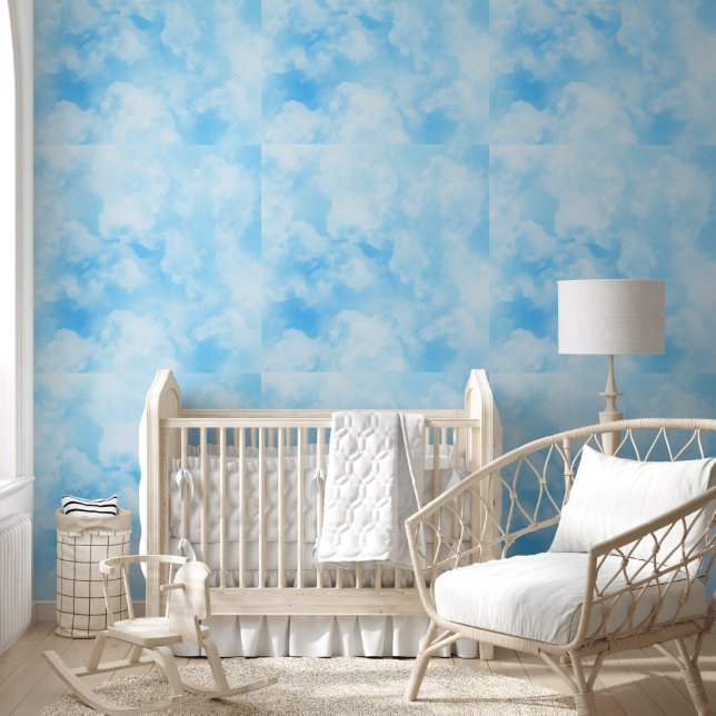 Blauw-witte wolken patroon hemel behang (Kinderen)