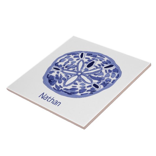 Blauw-witte zanddollar met naam keramische tegel tegeltje (Zijkant)