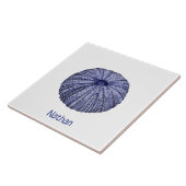 Blauw-witte zeeen egel met naam keramische tegel tegeltje (Zijkant)