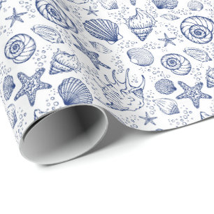 Blauw-witte zeeschelpen zeester inpakpapier