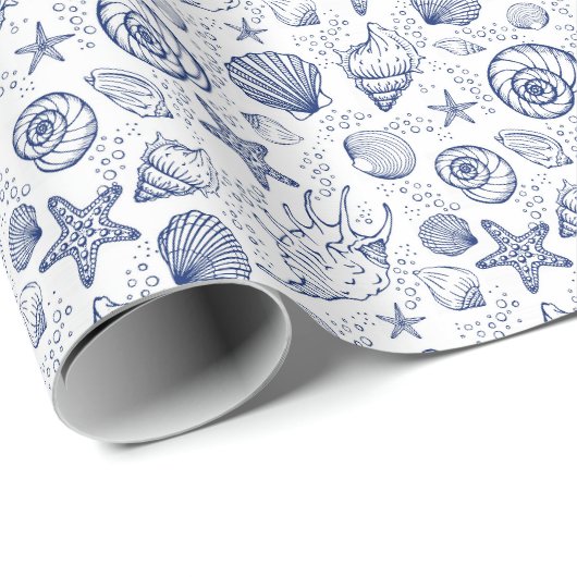 Blauw-witte zeeschelpen zeester inpakpapier (Rol Hoek)