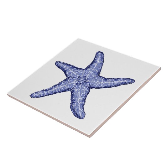 Blauw-witte zeester keramische tegel tegeltje (Zijkant)