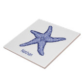 Blauw-witte zeester met naam keramische tegel tegeltje (Zijkant)