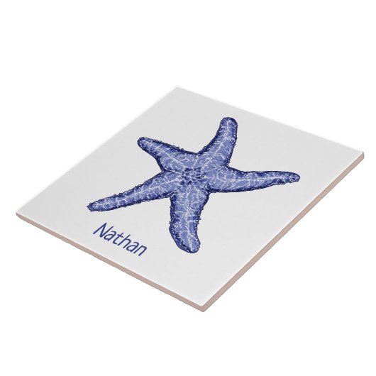 Blauw-witte zeester met naam keramische tegel tegeltje (Zijkant)