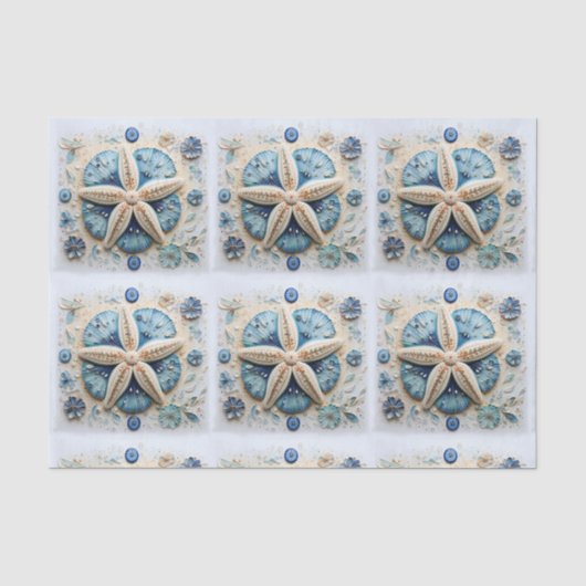 Blauw Witte Zeester Zeeschelp Nautilus Decoupage Tissuepapier (Voorkant)