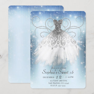 Blauw Witte Zilveren Prinsessenjurk Sweet 16 Feest Kaart